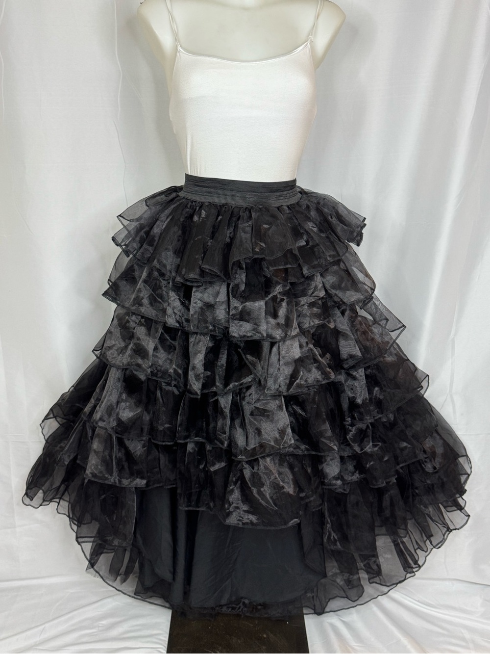 Elegant Black Tiered Ruffle Tulle Midi High Low Skirt - Women